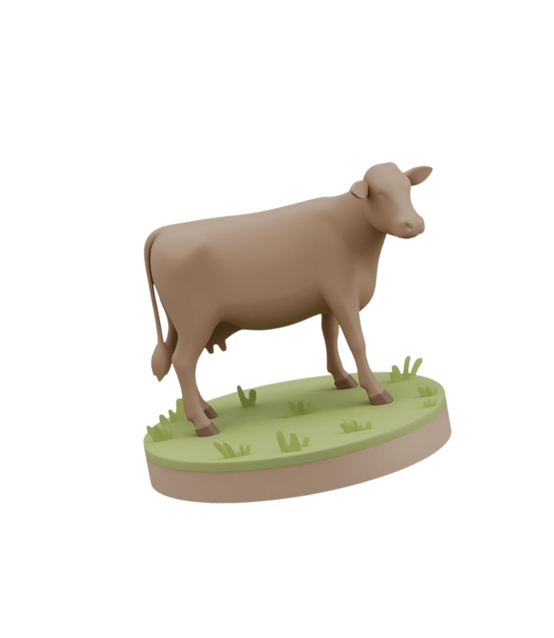 Representación 3D de una vaca sobre pasto verde simbolizando la administración ganadera inteligente y sustentable de Zierra.